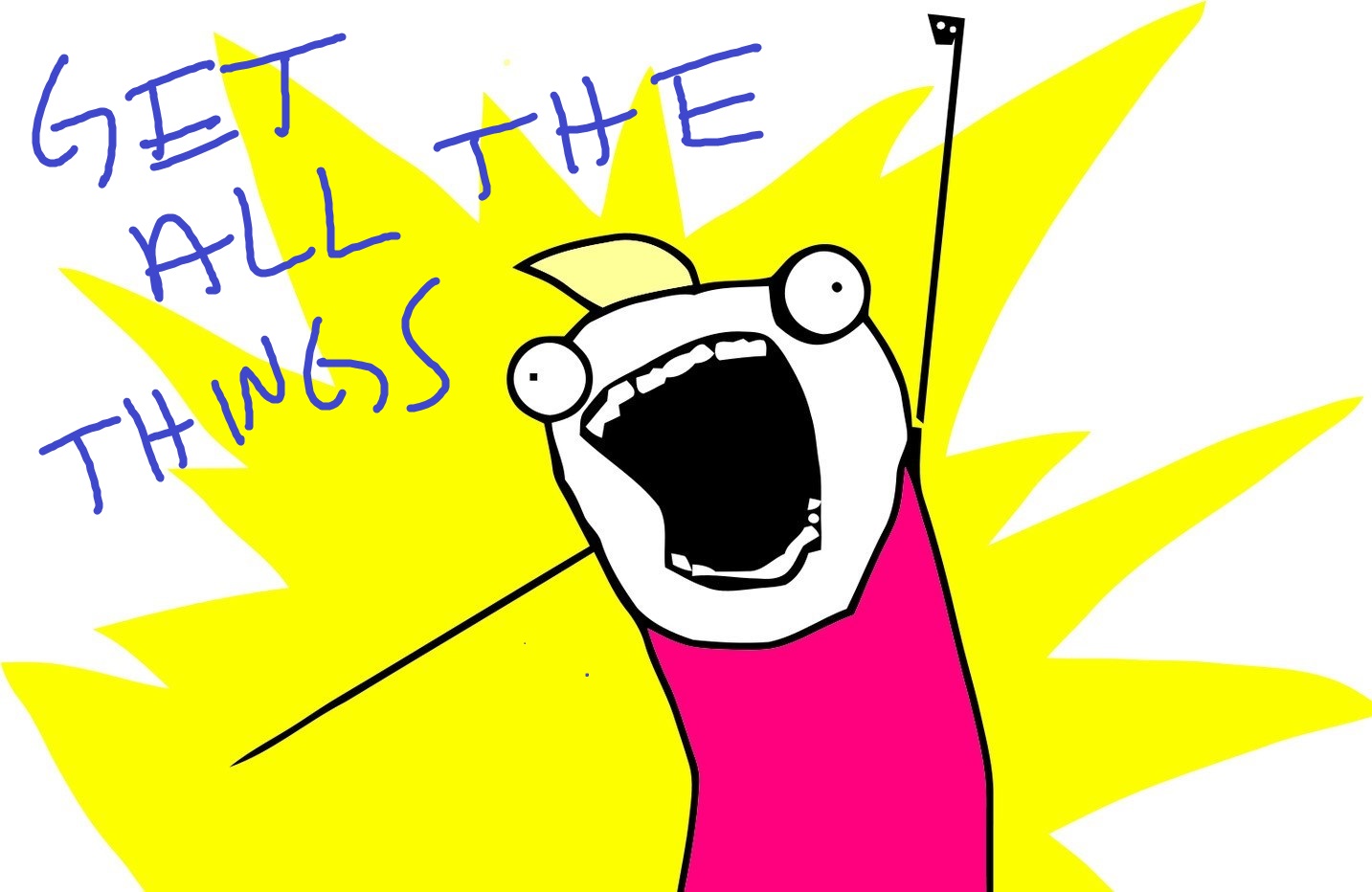 Cartoon shouting 'Get all the things!' representing package installation excitement.