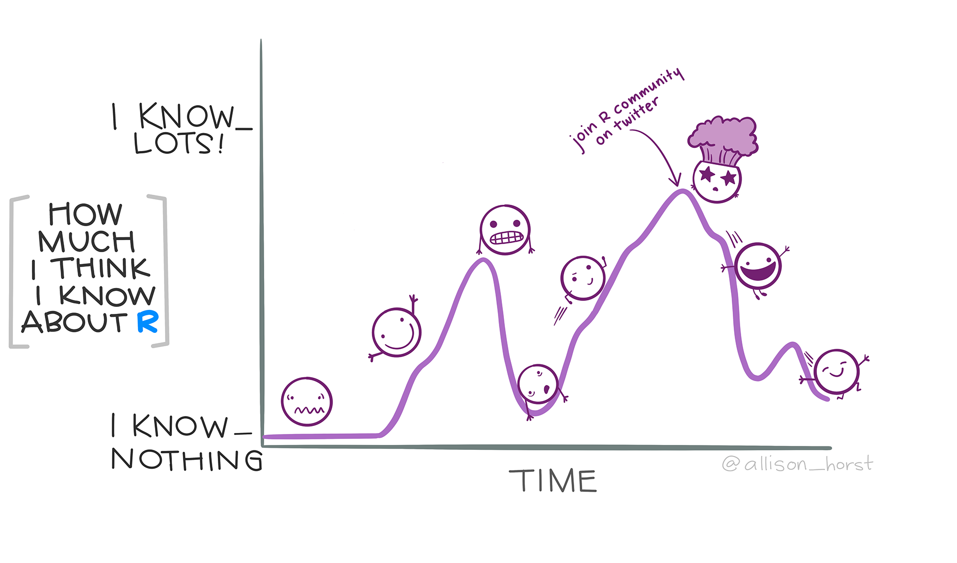 Line chart labeled 'How much I think I know about R' versus time, showing ups and downs with smiley faces at different stages.