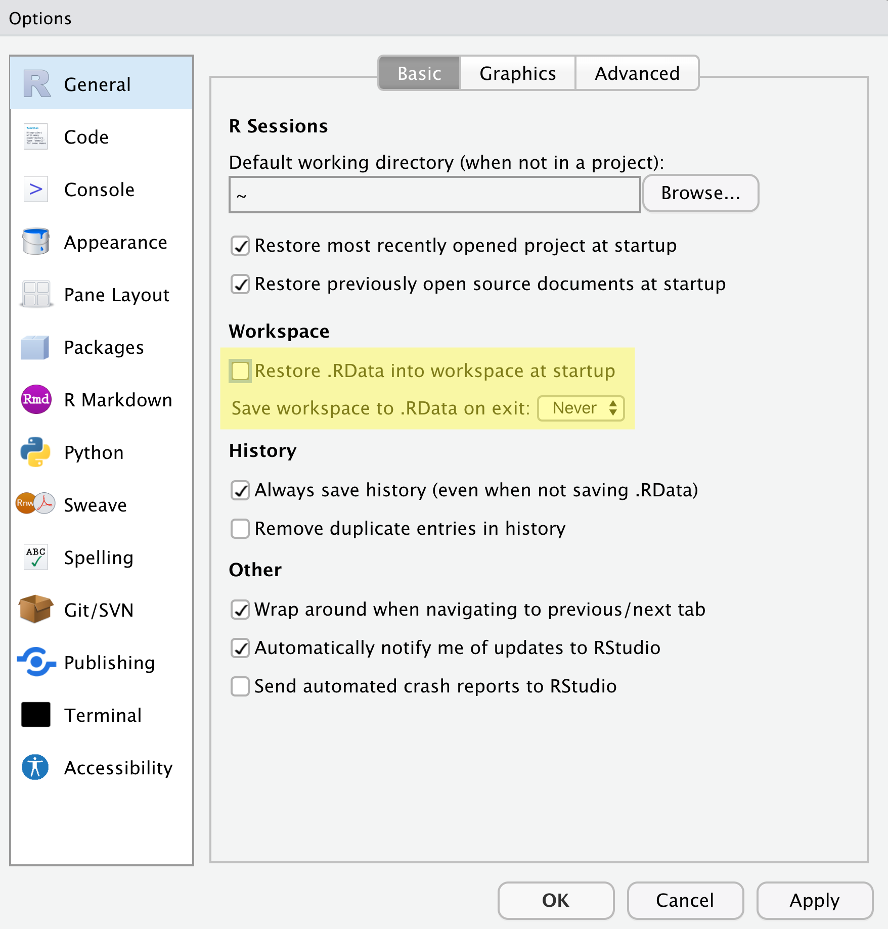 RStudio General settings window showing 'Restore .RData into workspace at startup' unchecked and 'Save workspace to .RData on exit: Never' selected.